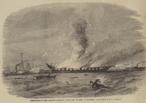 Vernietiging van het troepenschip Eastern Monarch door brand, bij Spithead door Richard Ubsdell